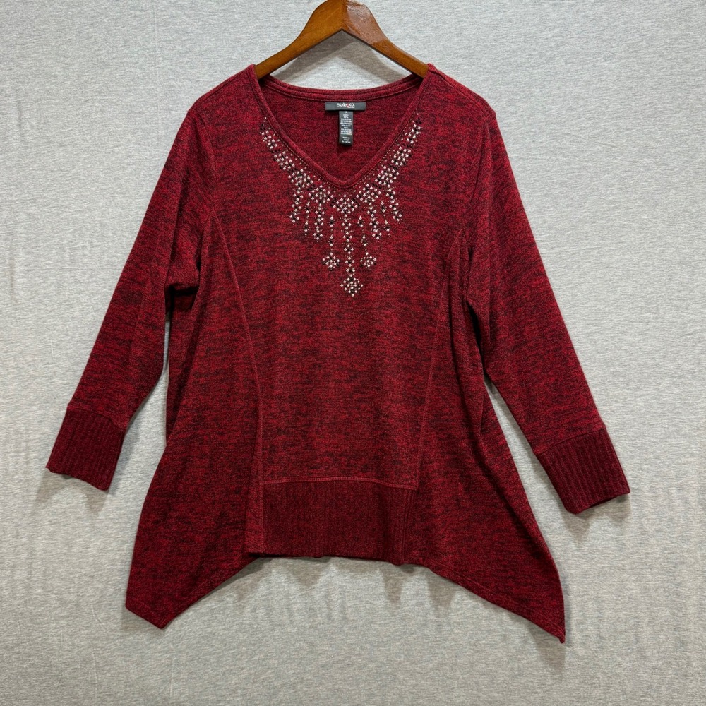 Style & Co Embellished Sweater‎ Women 1X Burgundy Rhinestone Asymmetrical Fairy